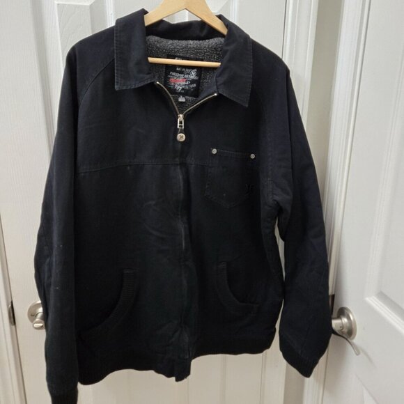 Vtg Hurley Jacket Size L‎ Black Canvas Fleece Lined Zip Front Pockets Cotton - Picture 1 of 15